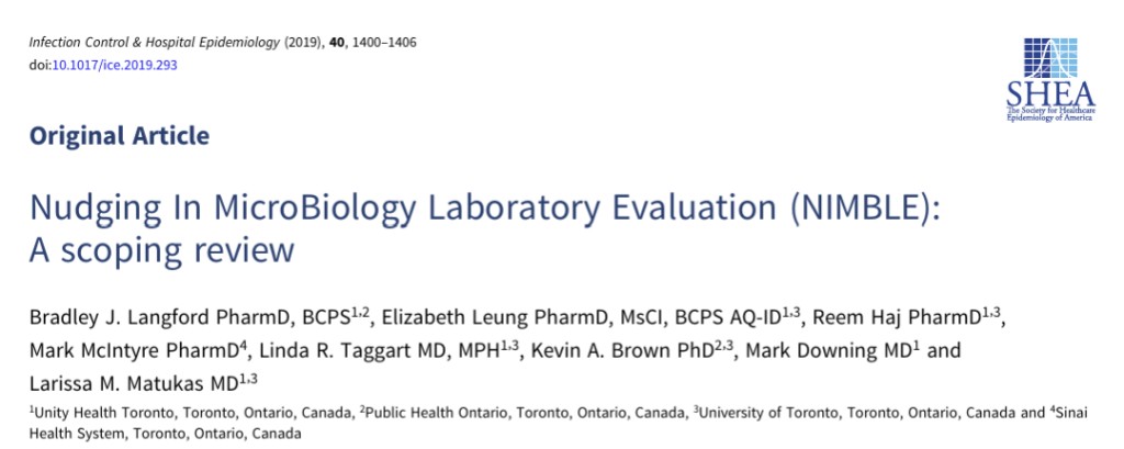 First page of Langford et al., Nudging In MicroBiology Laboratory Evaluation (NIMBLE): A scoping review, Infection Control and Hospital Epidemiology, 2019.